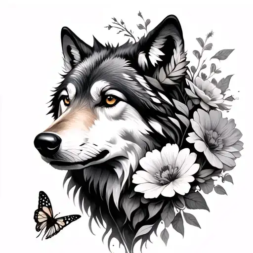 Wolf And Flowers With Butterflies