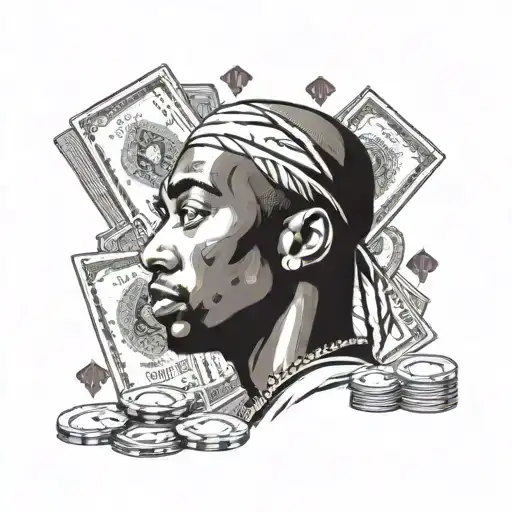 Tupac Looking Sideways With Poker Cards And Poker Chips In Background With Dollar Signs