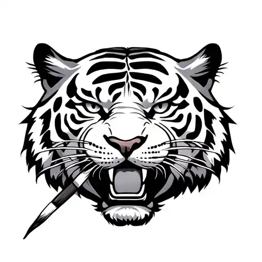 Japanese Traditionel Tiger Head With Paint Brush In Mouth