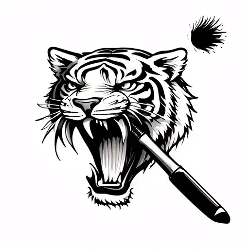Old School Japanese Style Tattoo Of Tiger Head Biting On A Paint Brush