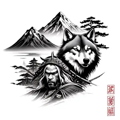Samurai And Mountain And Wolf And Forest And Japan