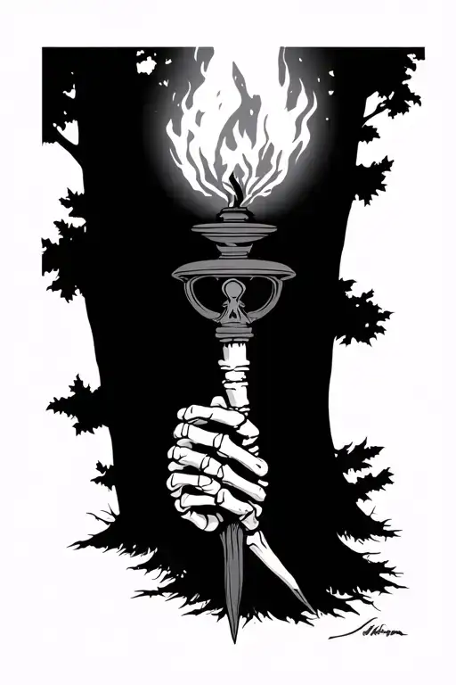 Skeleton Hand Holding Torch In Front Of Forest