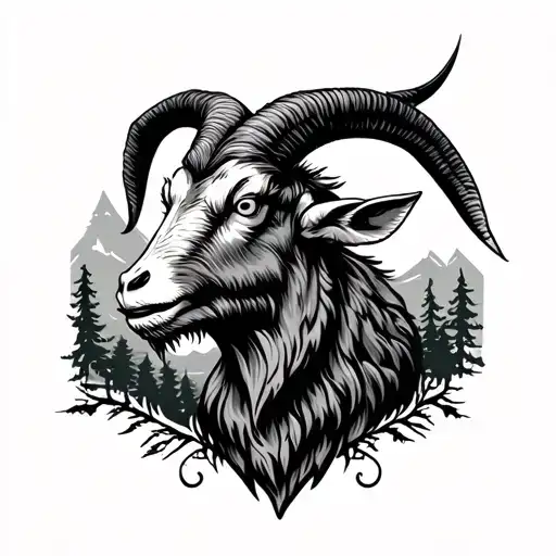 Angry Goat Head Forest Landscape Tattoo Featuring