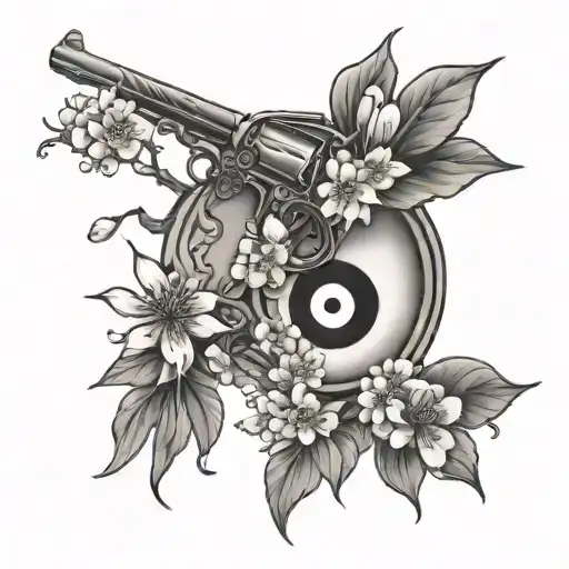 Ying Yang Cherry Blossoms One Side And A Gun In The Other Side