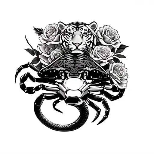 Black Forearm Tattoo With Snake Crab And Tiger Along With Roses In The Blanks