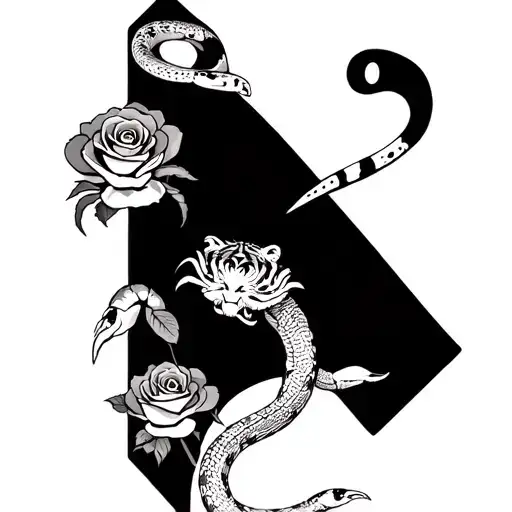 Black Forearm Sleeve Tattoo With Snake Crab And Tiger Along With Roses In The Blanks