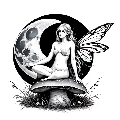 Fairy Sitting On Mushroom With Moon Surrounded
