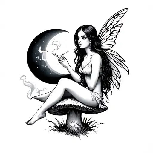 Fairy With Long Hair Sitting On Mushroom Smoking A Cigarette With Moon Surrounded