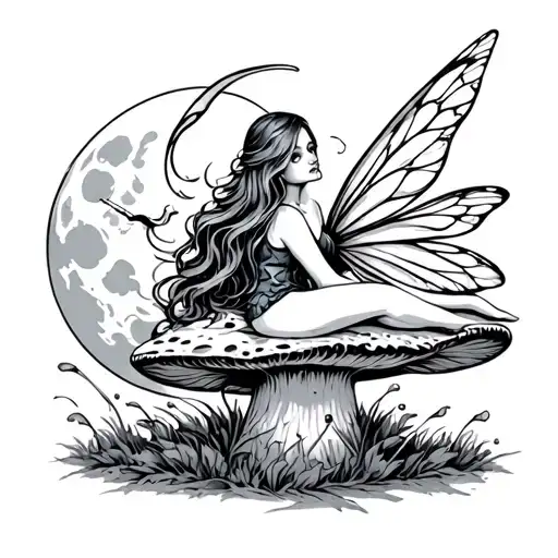 Fairy With Long Hair Laying On Mushroom Smoking A Cigarette With Moon Surrounded