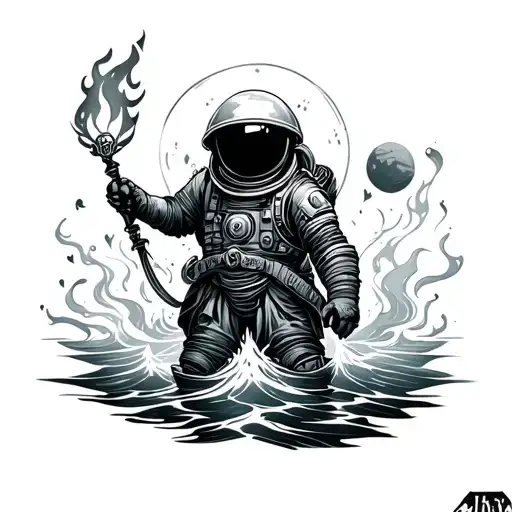 Little Fire Decendant Astronaunt Of Mars With Flowing Waters
