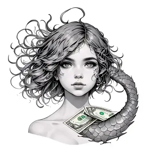Half -Haired Girl With Scales On Which Money Tattoo
