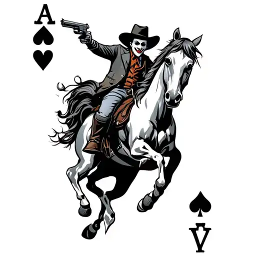 Joker Playing Card With A Cowboy Riding A Bucking Horse Holding A Six Shooter And A Horse Shoe