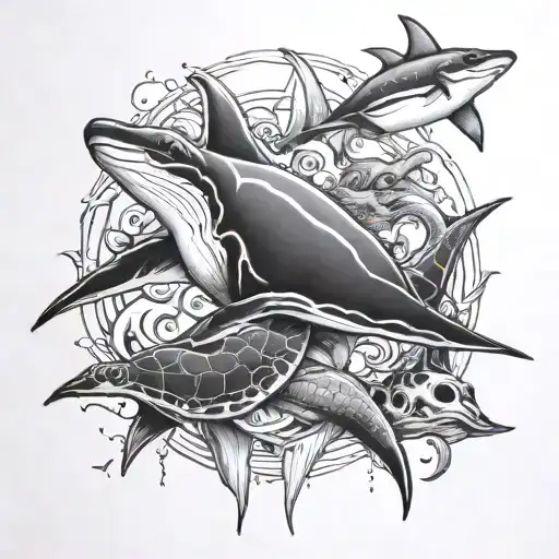 Manta Ray Anchor Hammerhead Shark And Sea Turtle