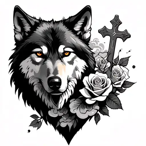 Lone Wolf And Roses And Clouds And A Cross