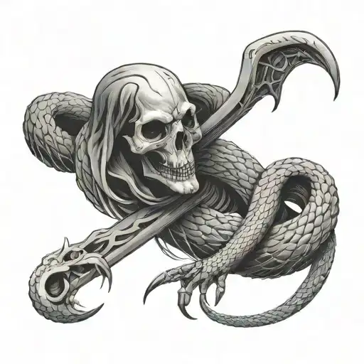 Create A Black-grey Tattoo Of A Snake Coiled Around A Grim Reaper's Scythe