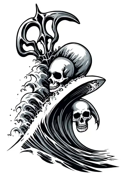 Trident And Skull Surfing Wave