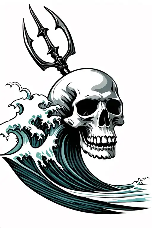 Trident And Skull Surfing Wave
