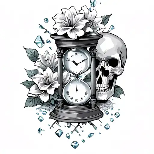 Lillies Roses And Skulls Hourglass Broke Sand And Diamonds Falling From It With Clock