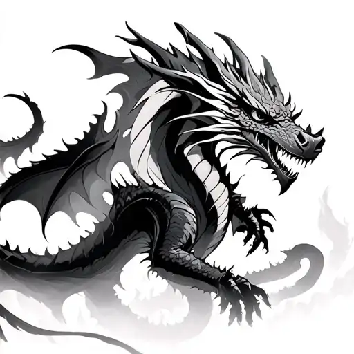Mystic Dragon Coming From Mists With A Very Agressive Look In Deep Dark Hollow Eyes