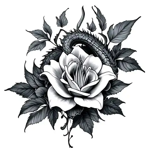 Dragon Lilly And Roses Intertwined