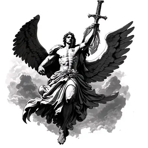 Michael The Archangel Descending From The Heavens With His Sword