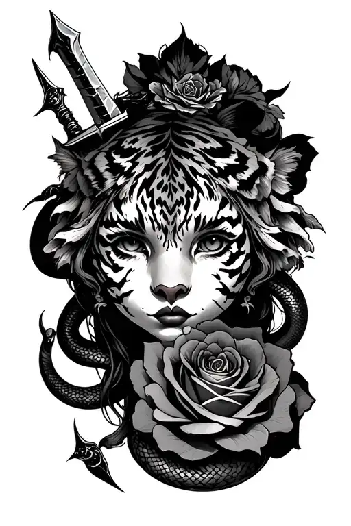 Girl Eyes With Three Claw Marks Sleeve With Dagger Rose Tiger And Snake