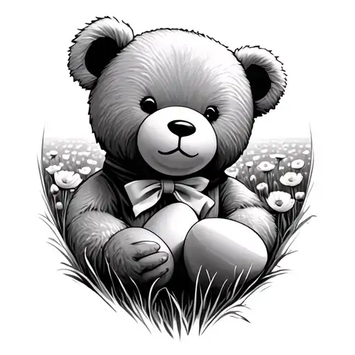 Teddy Bear Wearing A Ribbon On The Neck Holding Hardboiled Eggs In Poppy Field