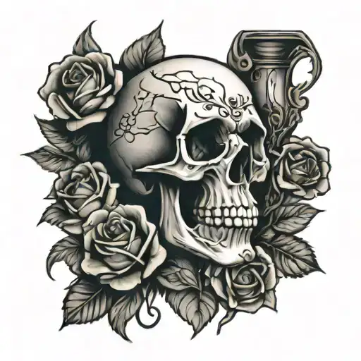 Skull And Roses With Hourglass Filled With Skulls
