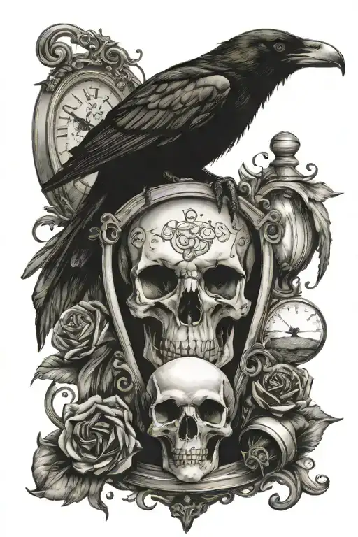 Crow With An Hourglass And Skull In The Hourglass