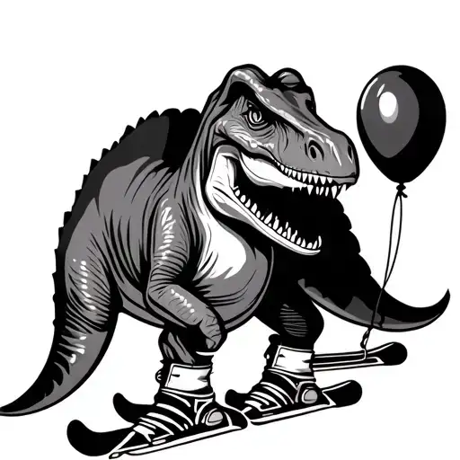 Cartoon Apatosaurus In Ski Boots And A Balloon