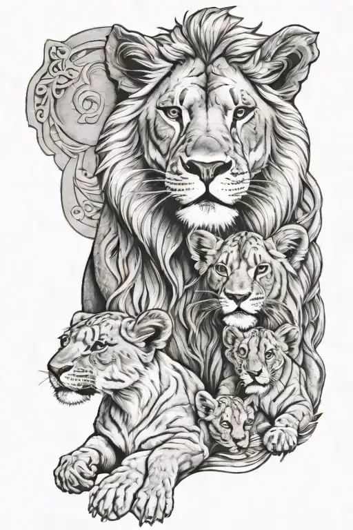 Female Lion With 4 Cubs Surrounded