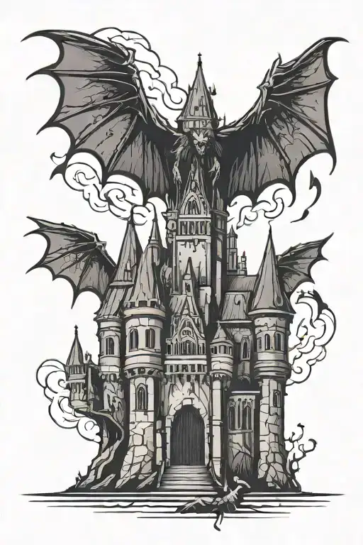 Dracula Castle With Bats In Dark Fantasy And Neo Tribal Style