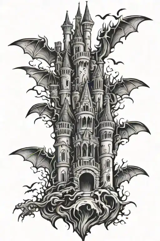 Scary Castle With Bats In Dark Fantasy And Neo Tribal Style
