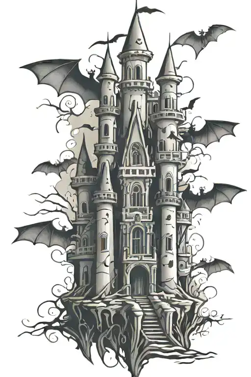 Scary Castle With Bats In Dark Fantasy And Neo Tribal Style