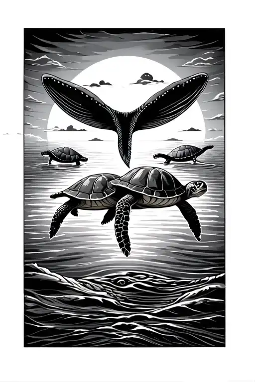 Sunset With Two Turtles And A Whale Tail