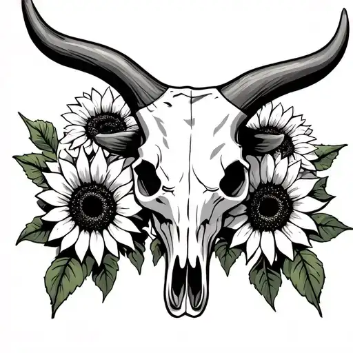 Bull Skull With Sunflowers