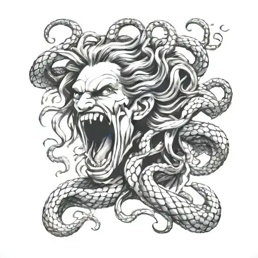 Screaming Crying Angry Medusa Head Surrounded By Angry Snakes