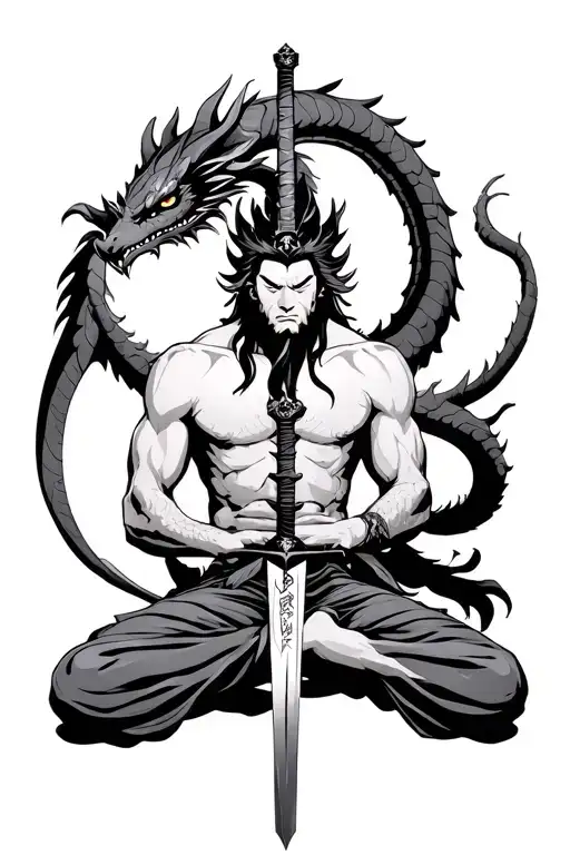 Fudo Myuu Sitting Cross Legged On Toger Woth Dragon From His Sword