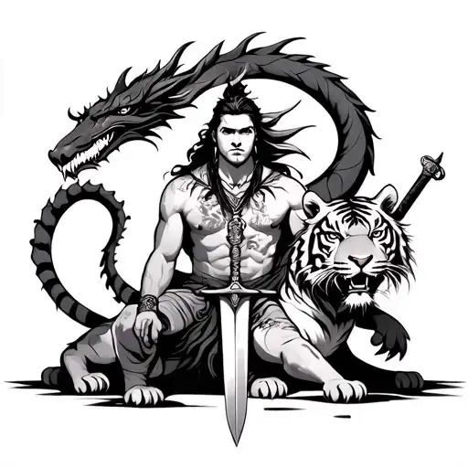 Alcala Sitting On Tiger With Dragon Outside Sword