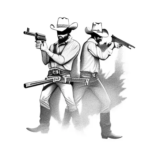 Two Cowboys In A Gun Duel Against One Another