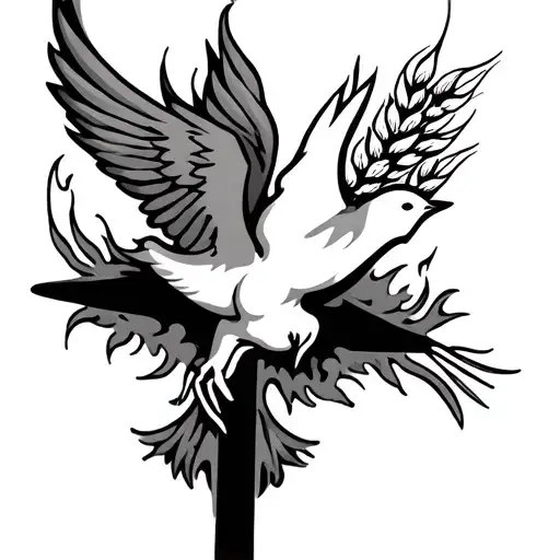 Cross And Dove With Ears Of Wheat And Heart In Flame