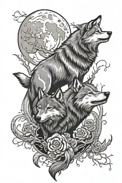 Two Wolves Howling At The Moon Whimsical Scene
