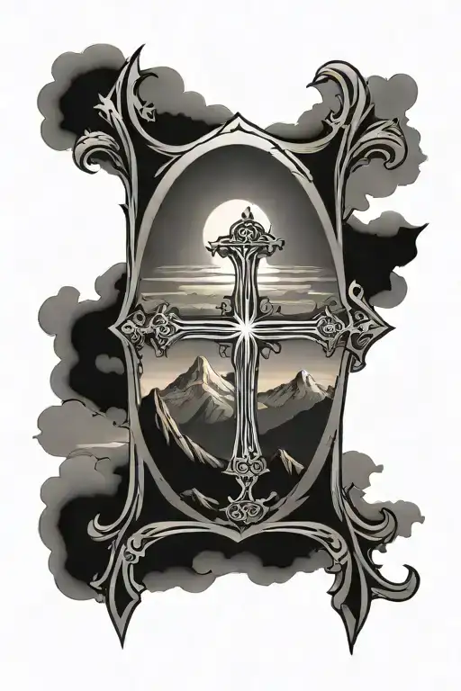 Gothic Cross With A Stylized Mountain Sunset In Front In The Center Of The Cross