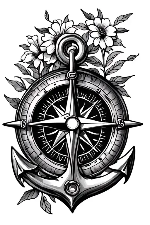 Compass And An Anchor And Flowers Growing