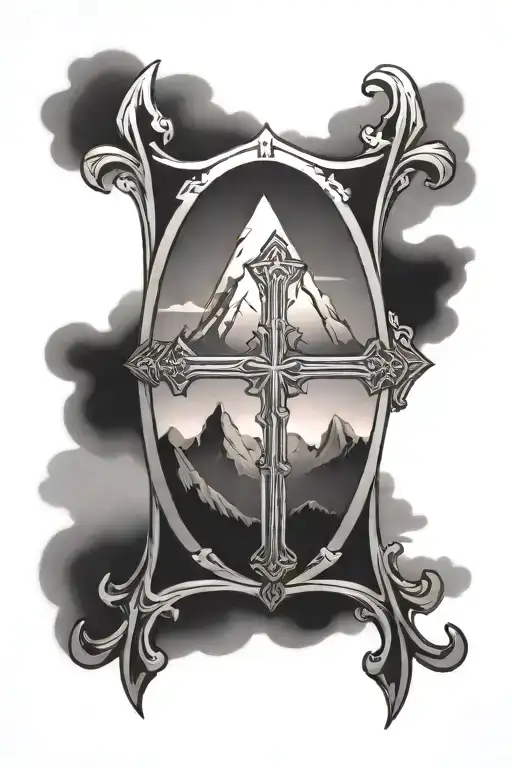 Gothic Cross With A Stylized Mountain Sunset In Front In The Center Of The Cross