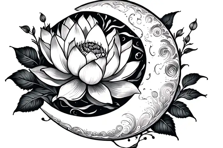 Moon Crescent With Lotus Flower Blooming