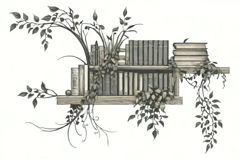 Horizontal Long Bookshelf With A Singular Creeper Plant Twirling Around The Books