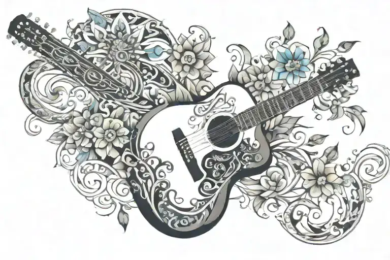 Acoustic Guitar Shaped Baltic Tribal Design With Sun Moon And Prussian Blue Flowers