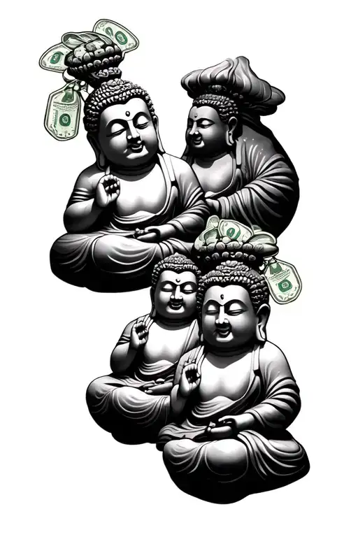 3 Buddahs And Money Bags Tattoo