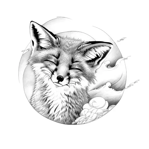Sleeping Fox On A Cresent Moon With Swirl Clouds